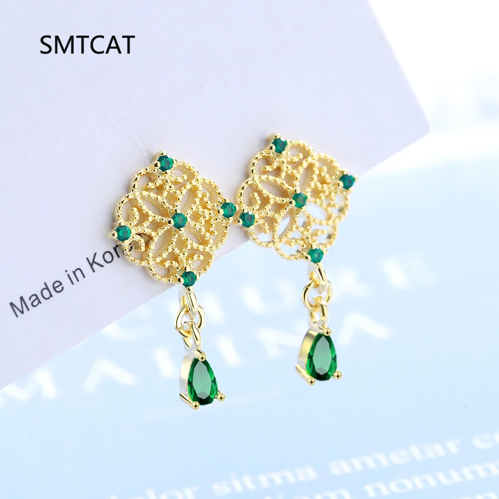 Pear Cut Green Simulated Nano Emerald 925 Sterling Silver Flower Pattern Waterdrop Stud Earring for Women Gemstone Jewelry