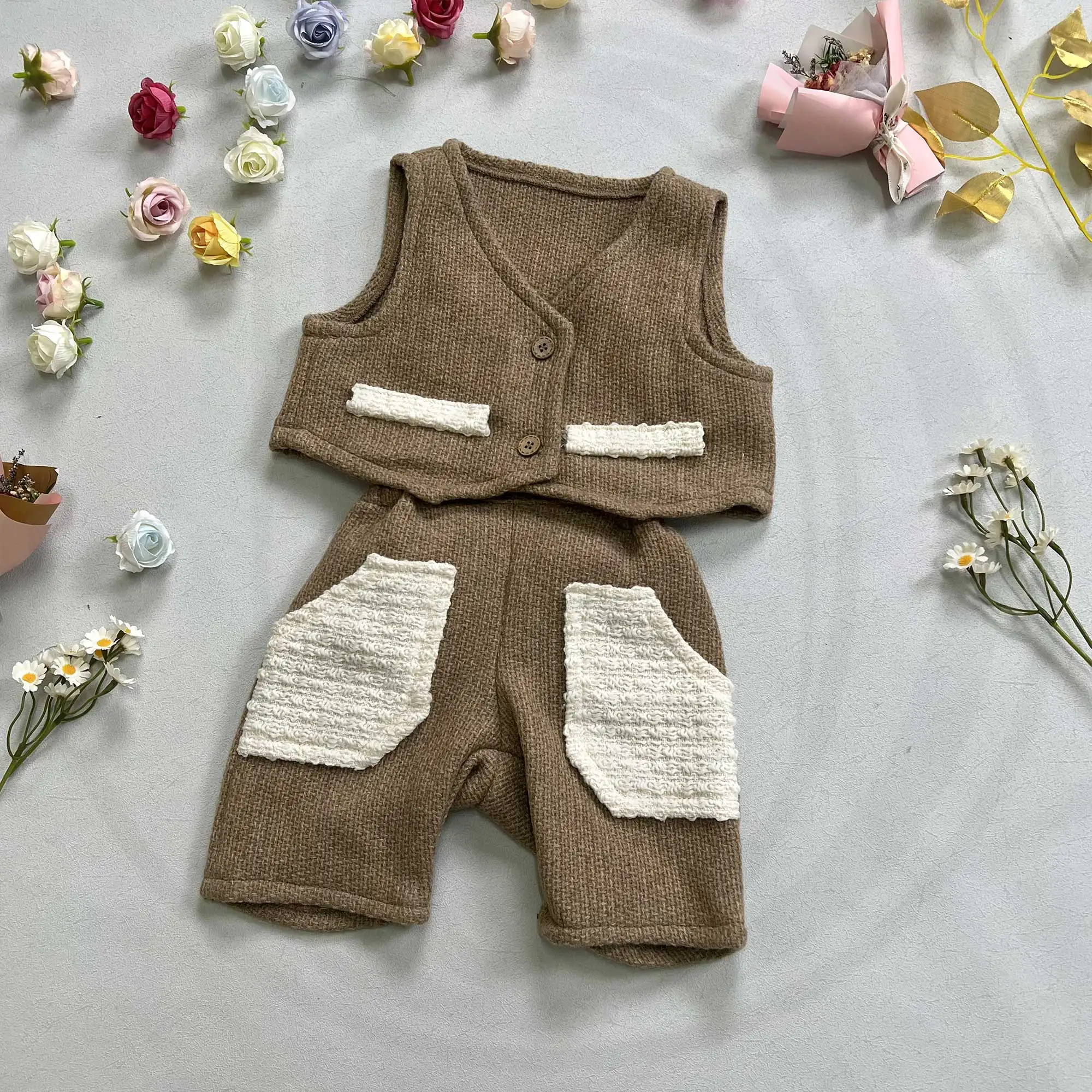

Don&Judy Toddler 1-6Y Linen Vest Wool Tweed Overalls Set Kids Photoshoot Outfit Birthday Party Clothes Camel Color