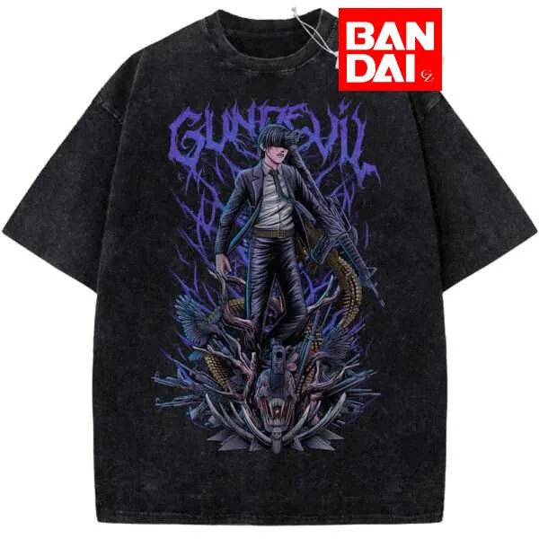 

Футболка оверсайз Chainsaw Man Aki Gun Devil Acid Wash, черная, летняя, 2026, аниме, стритвир, с графическим принтом