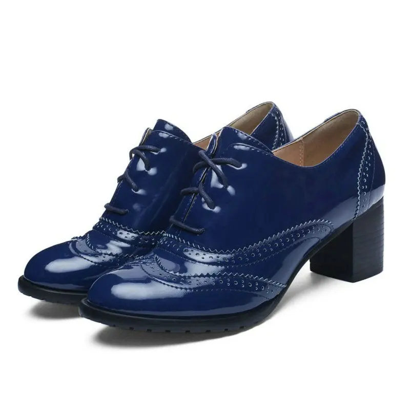 Size 33-43 Navy Burgundy Lace-up Brogue Design PU Patent Leather Square Block High Heeled Woman Shoes Derby Oxford Pumps Heels