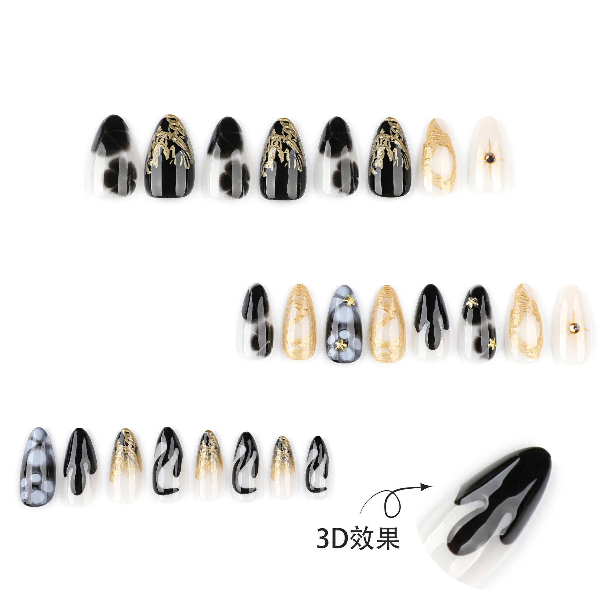 24Pcs almond False Nail Black petal flower Wearable Manicure Press ON Nails Solid