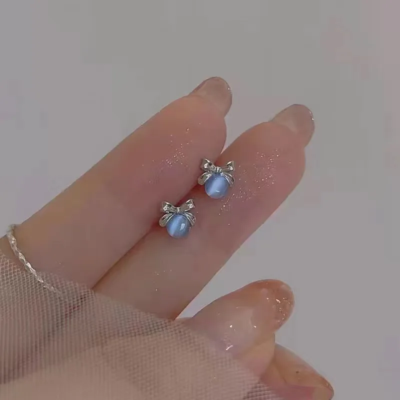 Korean Simple Blue Opal Star Moon Stud Earrings for Women Exquisite Zircon Cross Planet Round Earrings Aesthetic Jewelry Gifts