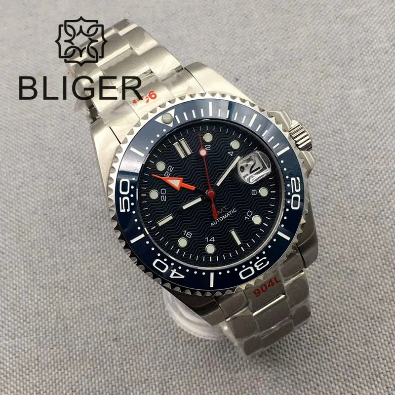 BLIGER 43mm GMT Watch For Men NH34A DG3804 Automatic Self Winding Movement Blue Wave Dial Sapphire Glass Steel Strap Date