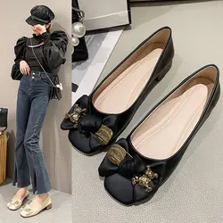 Elegant Bowknot Ballerina Women's Shoes Square Toe Low Heel Shoes Comfort Slip-On Ladies Leather Soft-soled Single Shoes Women