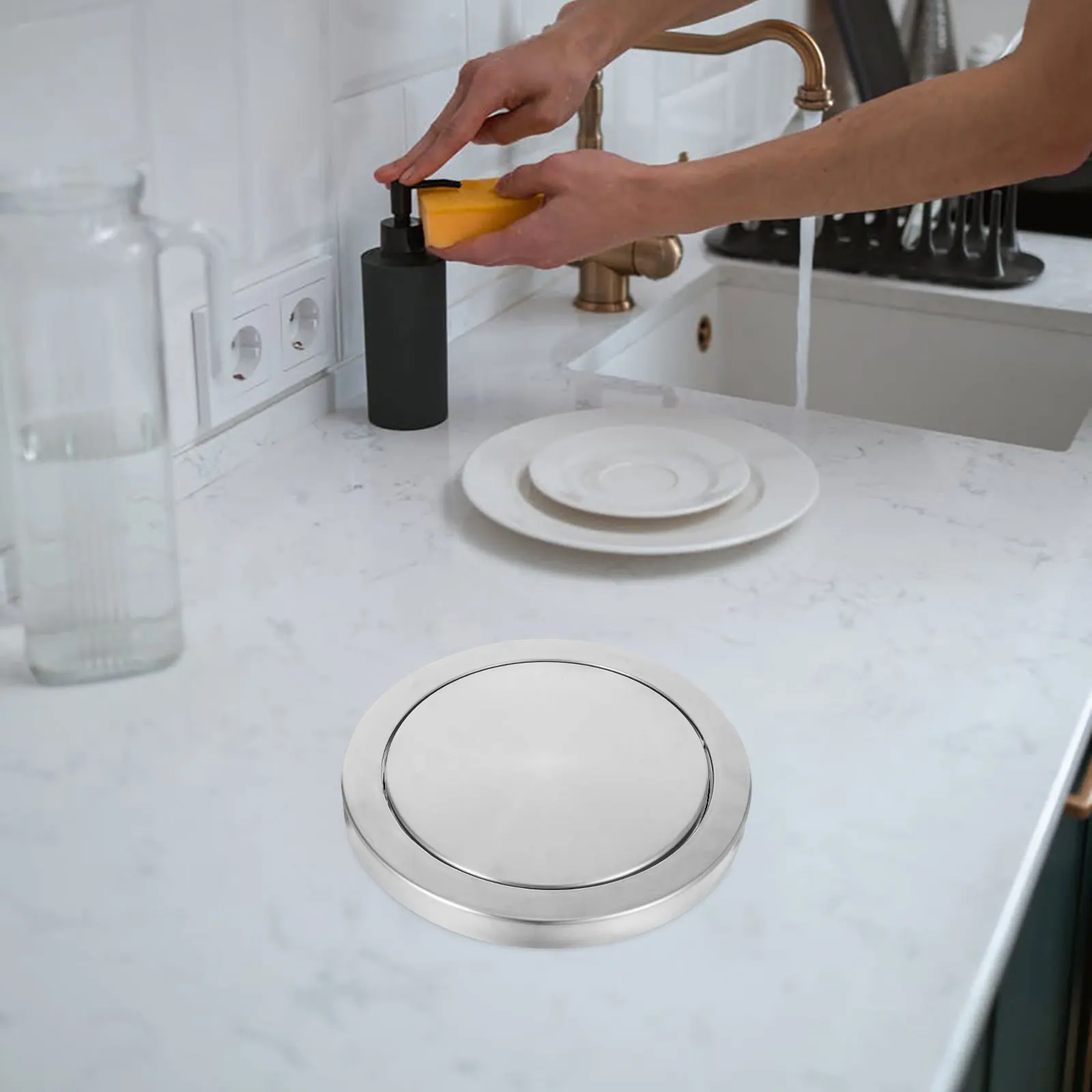 

1pc Flip Trash Can Lid 21 5 24cm Stainless Steel Countertop Waste Cover Flap Grommet Flush Mount Kitchen Bathroom Hotel Home Use