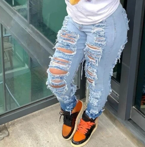 

2023 New Fashion Ripped Street Style High Waist Stretch Denim Trousers Ladies Jeans Women's Clothing