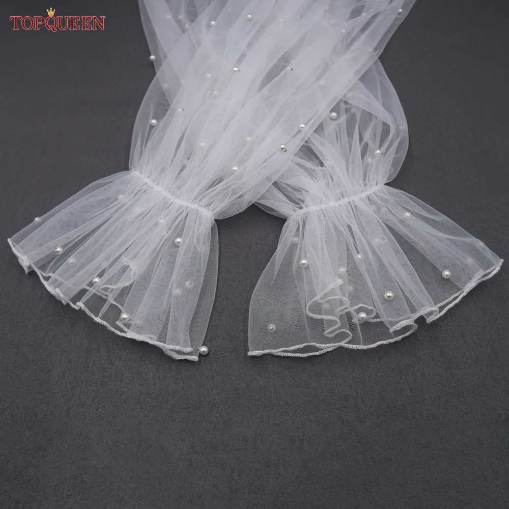 TOPQUEEN VM30 Pretty Lantern Gloves Removable Pearl Tulle Elastic Cuff Long DIYSleeves Bridal Party Wedding Dress Arm Decoration