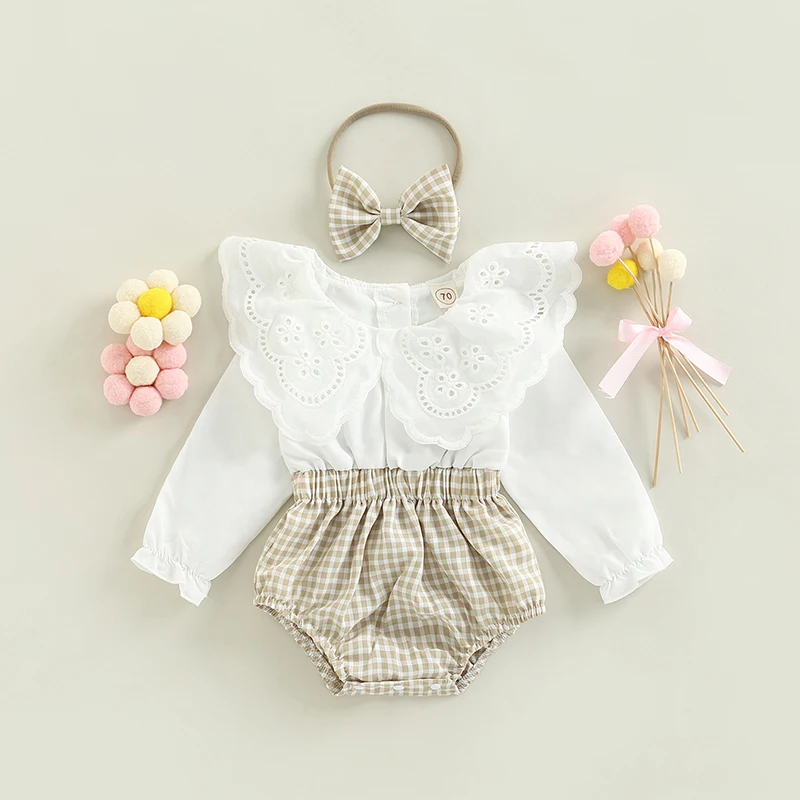 Bebê infantil menina outono primavera roupas de manga longa macacão lapela floral renda bodysuit xadrez retalhos macacão roupas 0-18 meses