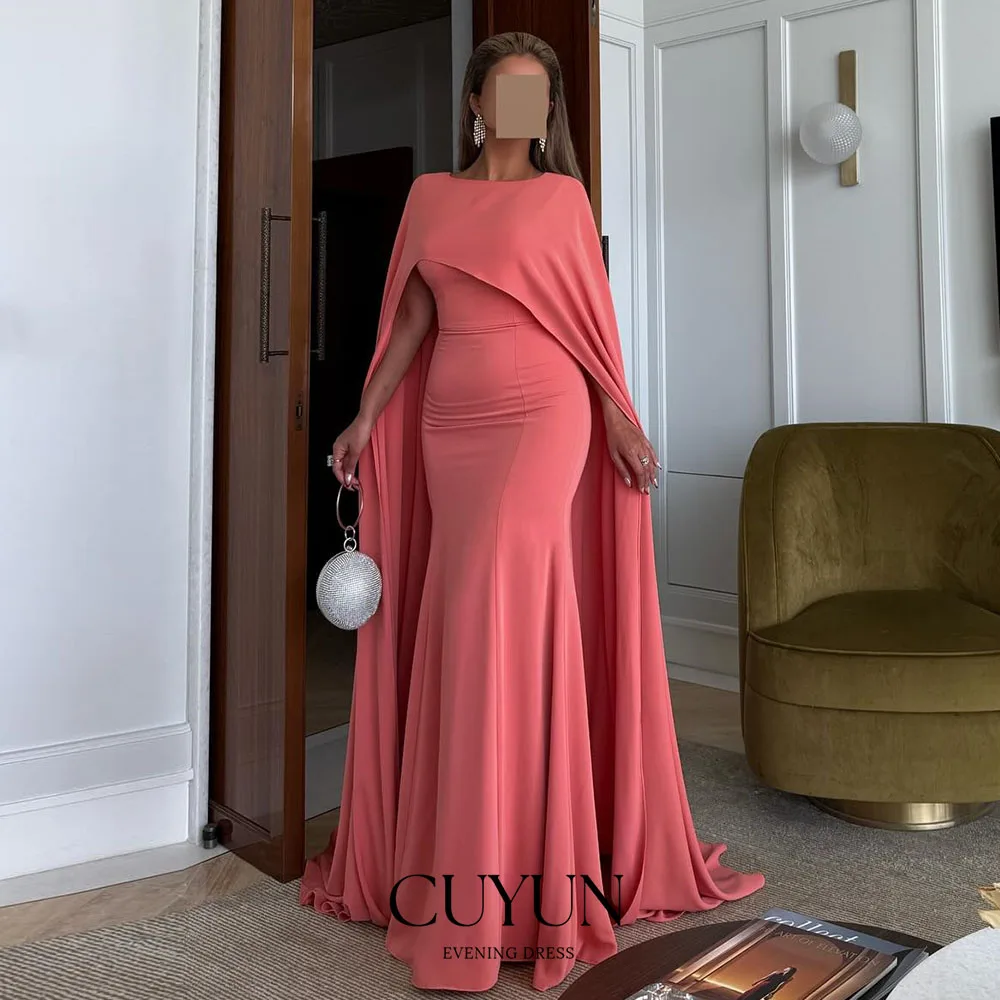 

CUYUN Coral Modest Women Evening Gown Customized Cape Sleeves Mermaid Long Prom Party Dress Simple Elegant Muslim Evening Dress
