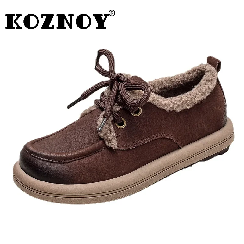

Koznoy 3cm New Natural Sewing Suede Genuine Leather Loafers Vintage Plush Warm Comfy Autumn Winter Women Soft Soled Flats Shoes