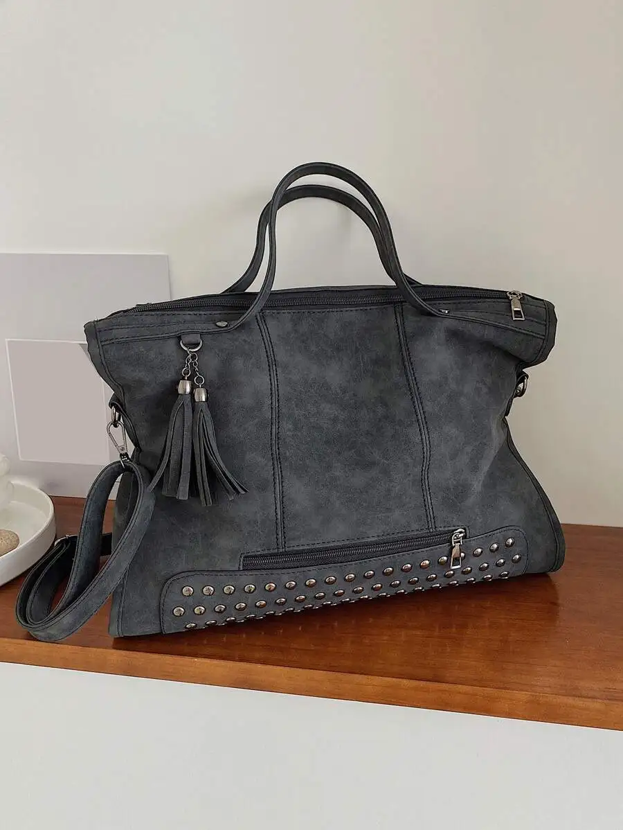 

Gray Suede-Texture Top-Handle Tote with Studs and Tassel Detail