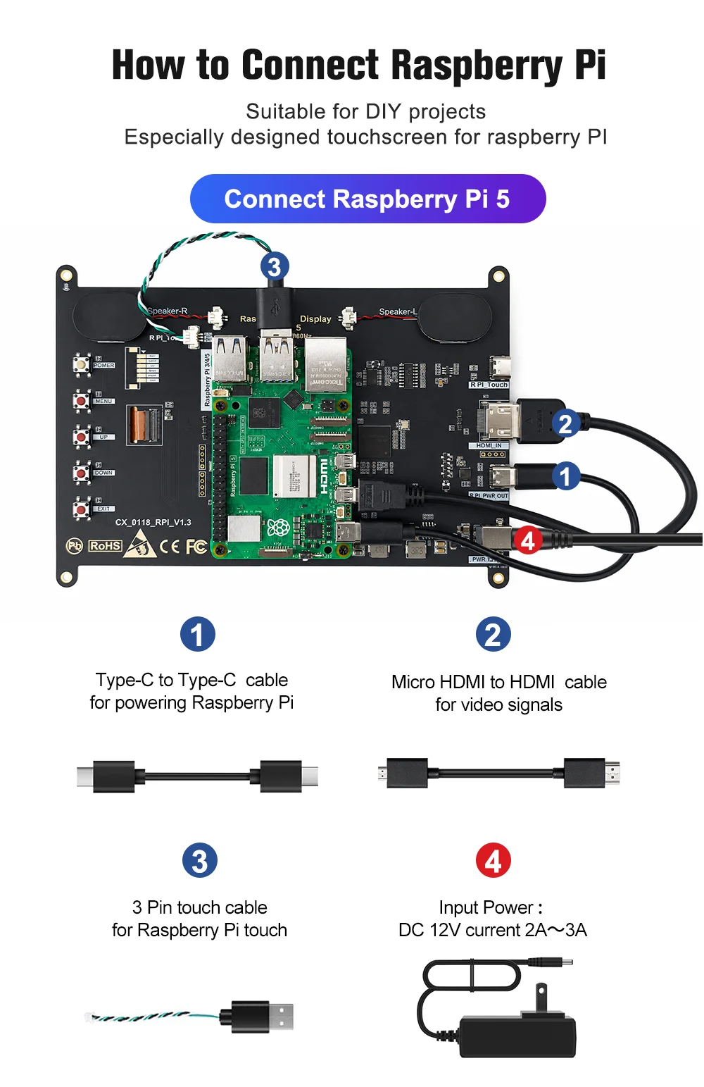 Raspberry Pi 5 7/8 Inch Screen, IPS TFT LCD HDMI Display Touch Screen Monitor 1024*600 1920*1200 HDMI Speaker for DIY Student