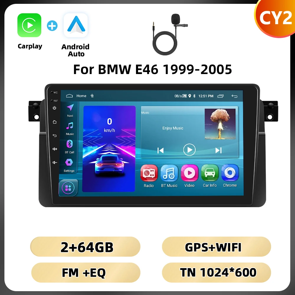 Podofo Carplay Android Auto Radio Voor Bmw E46 1999-2005 Multimedia Speler 8 128G 4G Wifi Ai Voice Spiegel Link Rds Autoradio