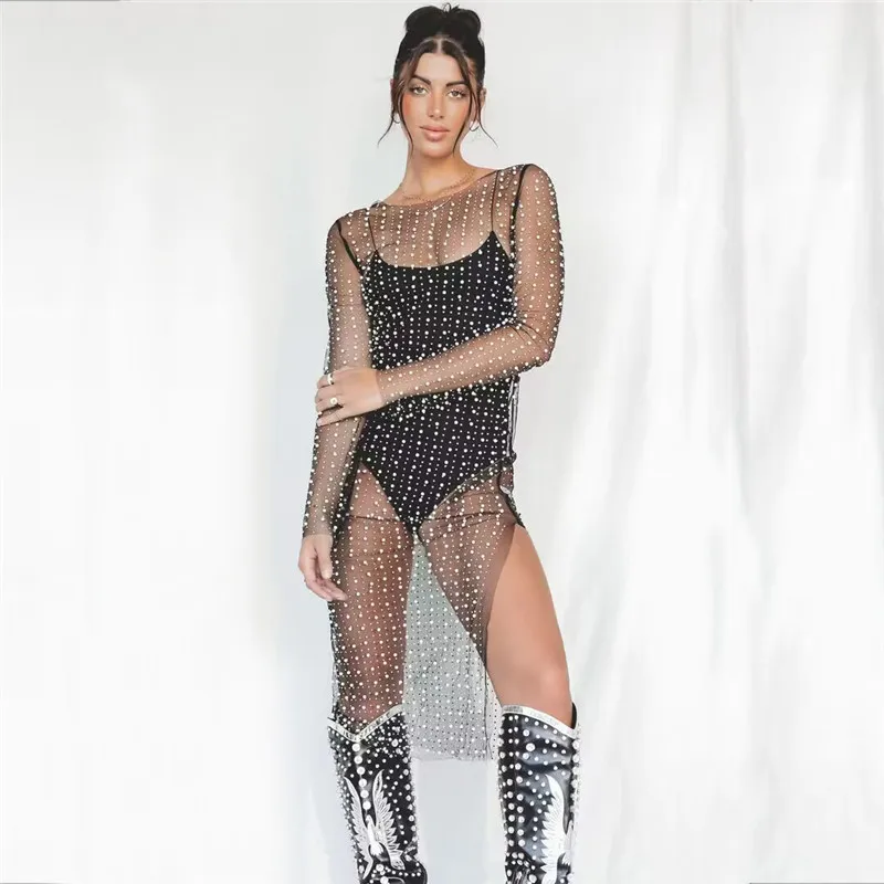 

Women Swimsuit Diamond Hot Drill Mesh See Though High Split Bandage Bodycon Long Sleeve Beading Sexy Dress Beach Bikini Cover Up