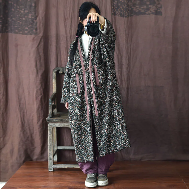 

Korean Version Cotton Linen Floral Patchwork Long Trench Jacket Women Lighweight Quilted Loose Retro Open Front Coat with Pocket