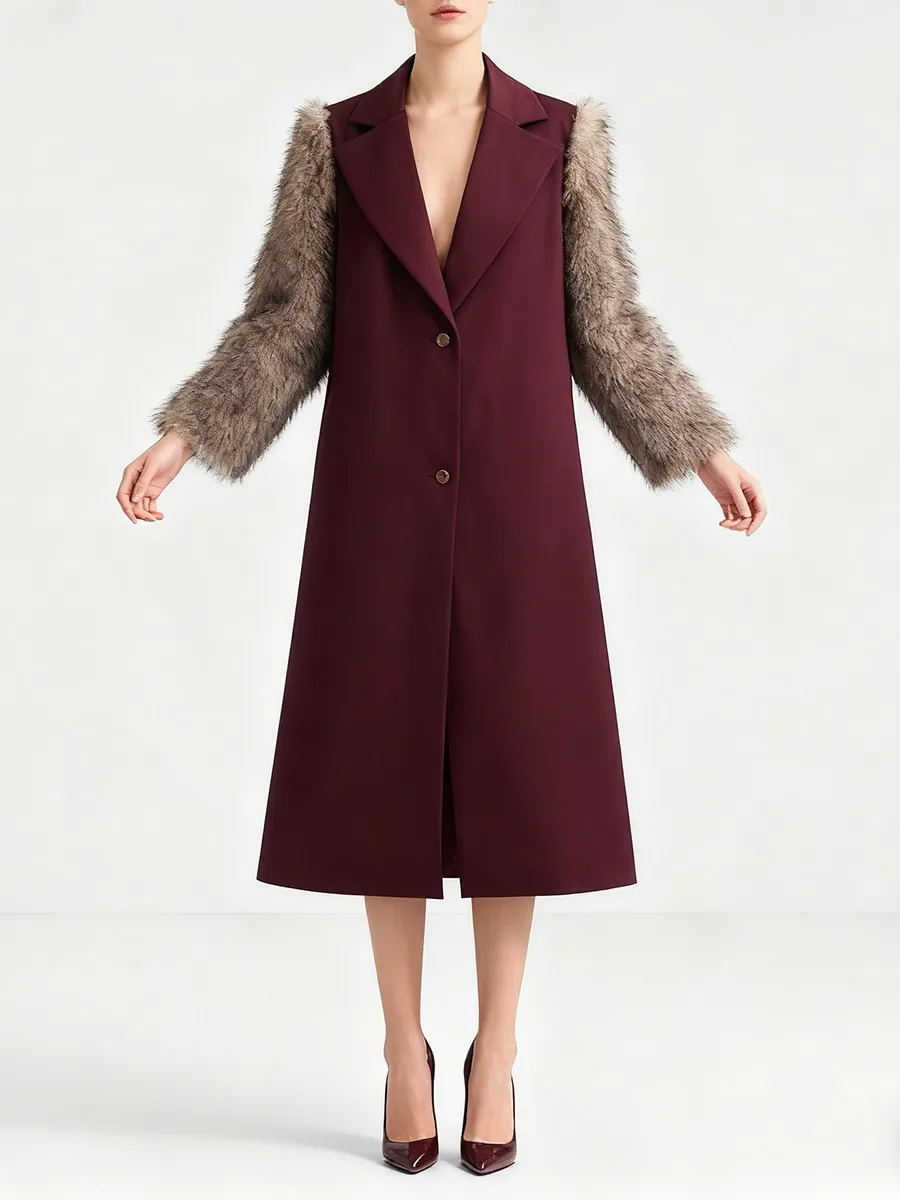 TWOTWINSTYLE Hit Color Spliced Fur Temperament Coats for Women Lapel Long Sleeves Patchwork Single Breasted Coat Female Clothing