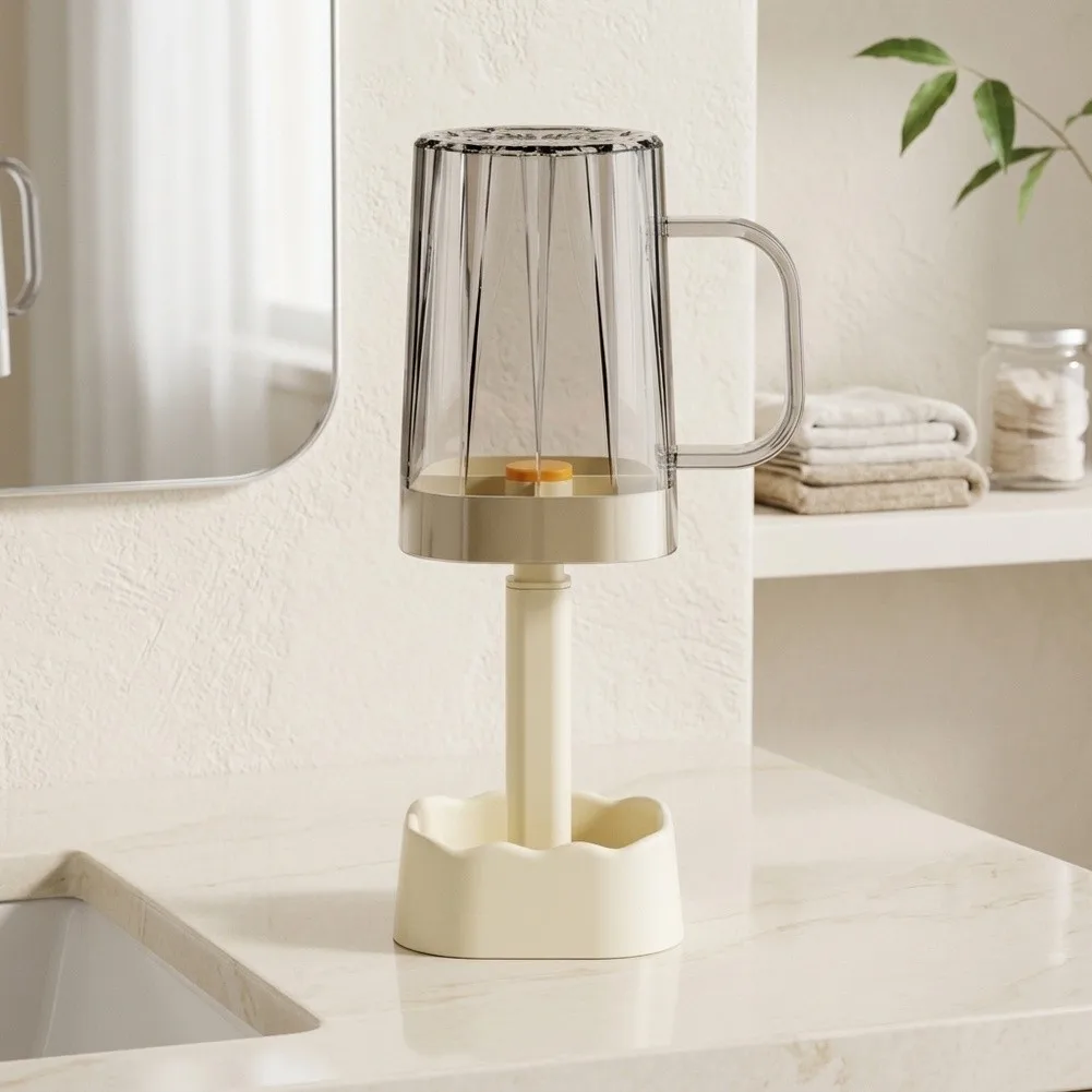 Adjustable Toothbrush Holder Featuring Rinsing Cup Cover and Water Catching Base Tray Compact Countertop Design