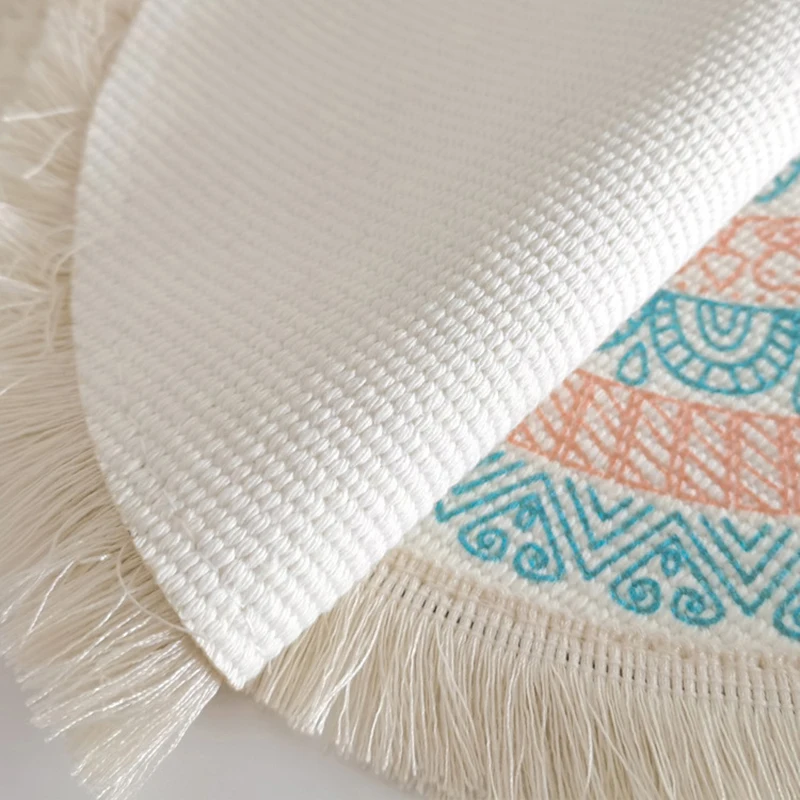 INS Bohemian Style Round Placemat Hand-Woven Cotton Linen Fabric Printed Tassel Coaster Retro Vase Mat Home Decoration