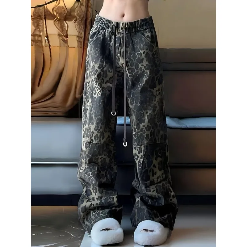 Deeptown Vintage Baggy Leopard Jeans Woman Spring Streetwear Gyaru Harajuku Wide Denim Pants Casual Trashy Y2k Loose Trousers