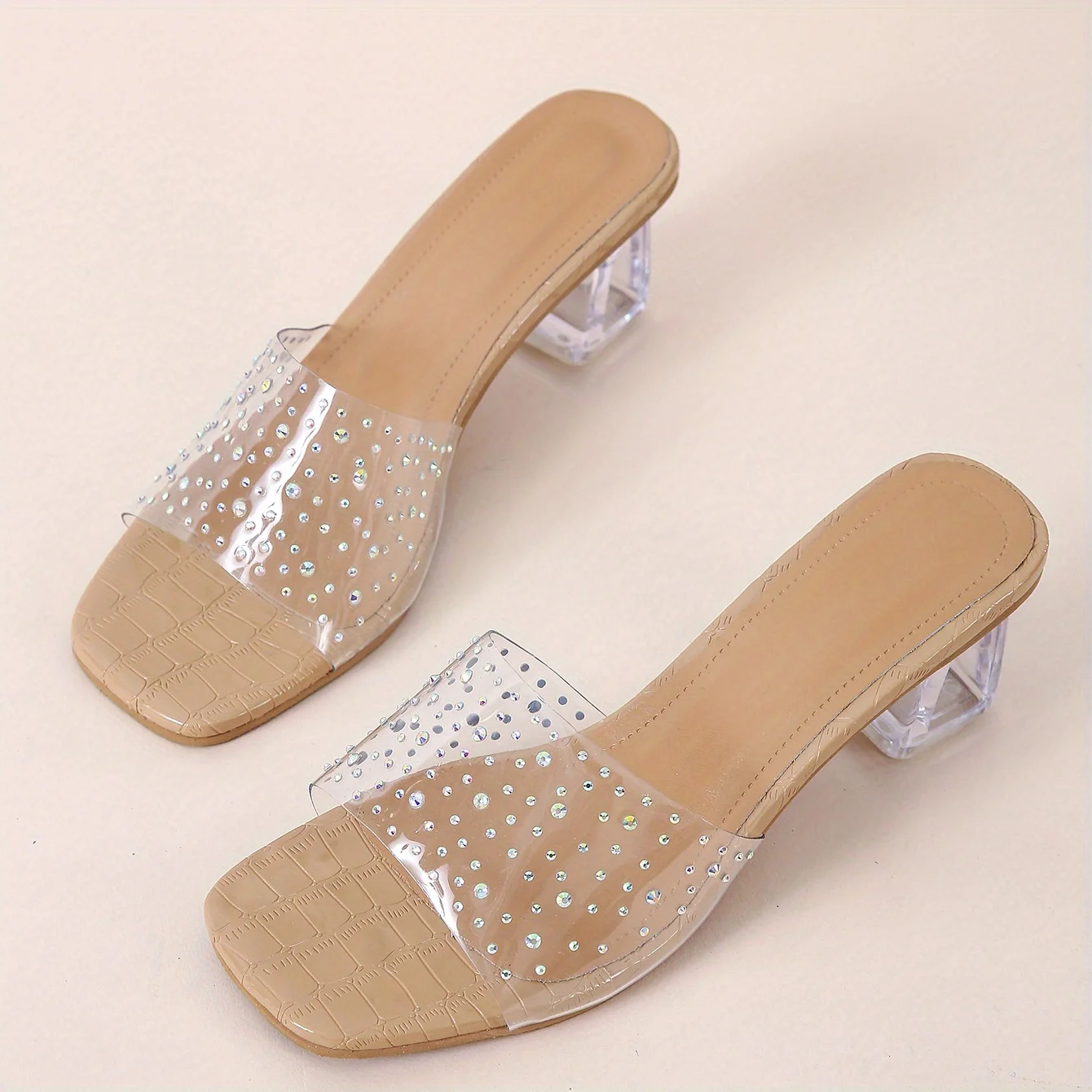 Women\'s Rhinestone Decor Slip On Sandals with Chunky Heel Versatile Summer Shoes