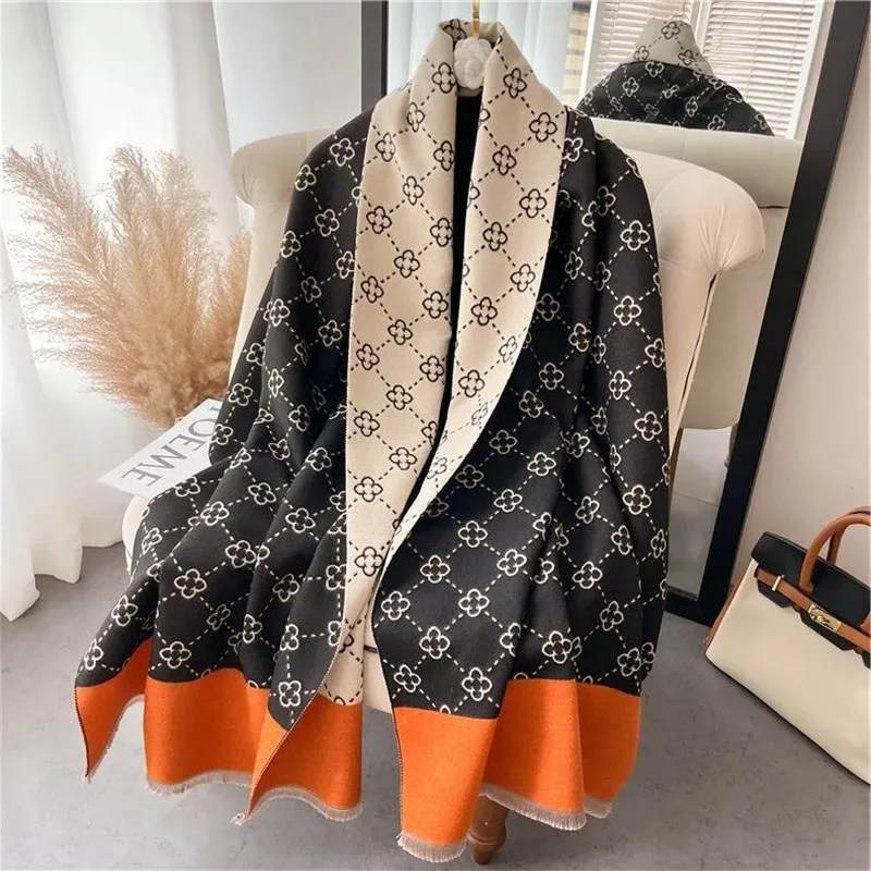 New trendy and warm cashmere cape shawl scarf with luxurious printed thick Pashmina winter blanket wrapped in Bufanda casual hea