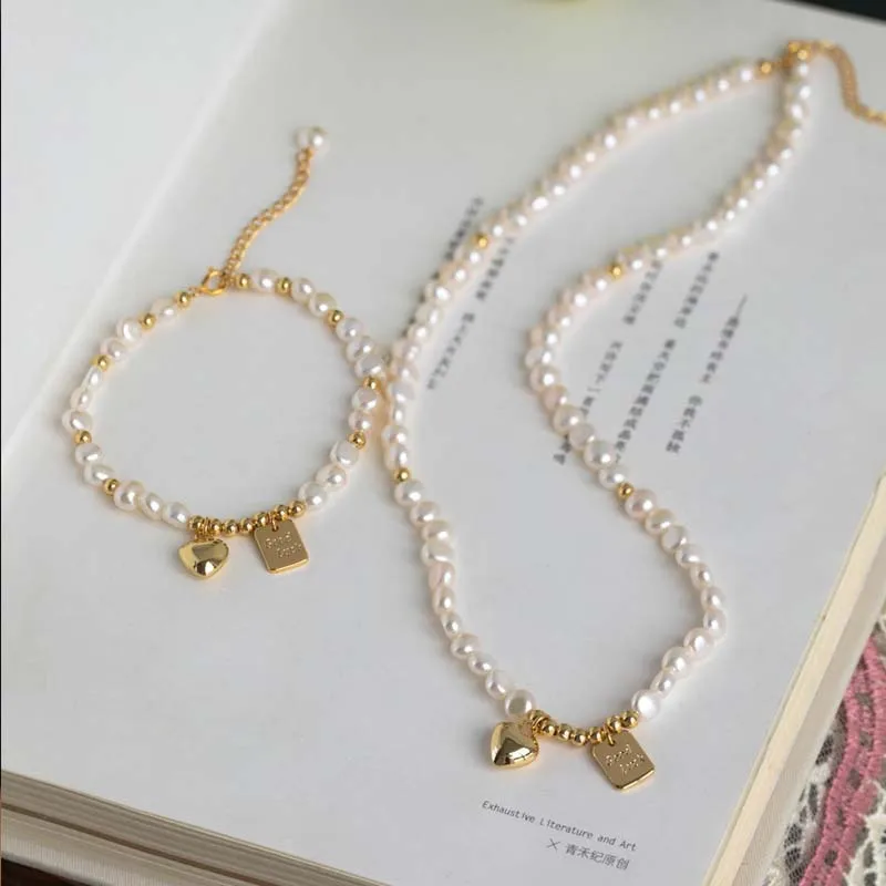 New Arrival 100% Natural Freshwater Pearl Romantic Love Heart 14K Gold Filled Female Jewelry Set For Women Necklace Bracelet