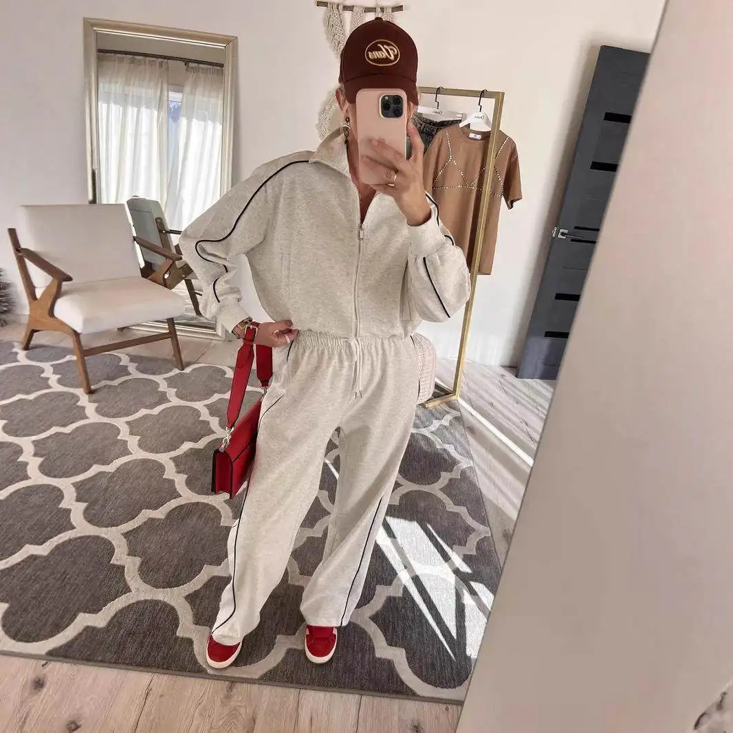 

Повседневный спортивный женский комплект: однотонный полосатый кардиган на молнии с длинными рукавами и брюки с поясом, костюм-двойка в европейском стиле