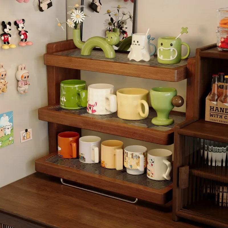 Solid wood cup holder, desktop rack, antique countertop storage rack, water cup holder, table display rack, multi-layer tea set