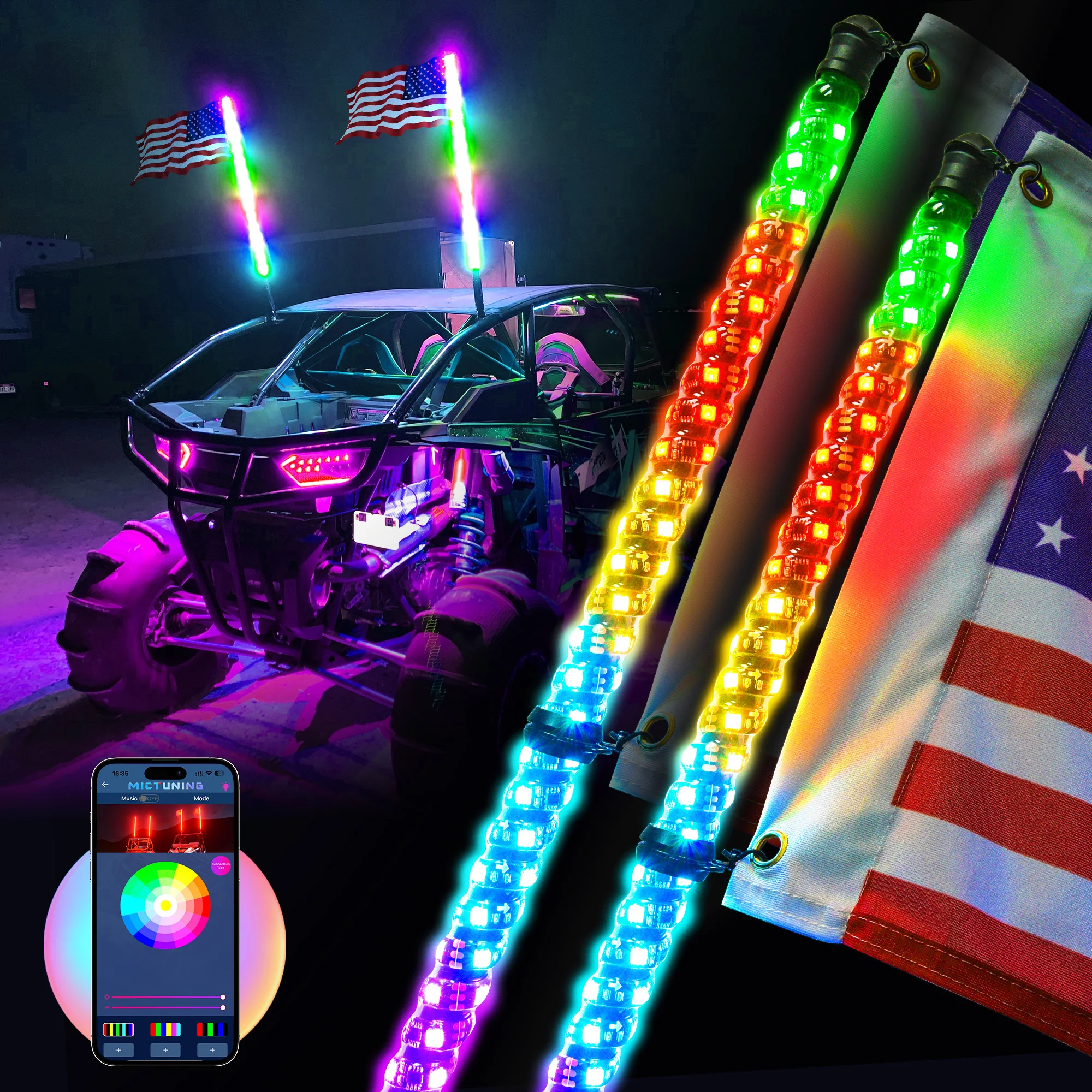 

MICTUNING 2pcs 3FT LED Whip Lights - Spiral Bendable RGB+IC Chasing Color Antenna Whips - Bluetooth App Control for UTV ATV