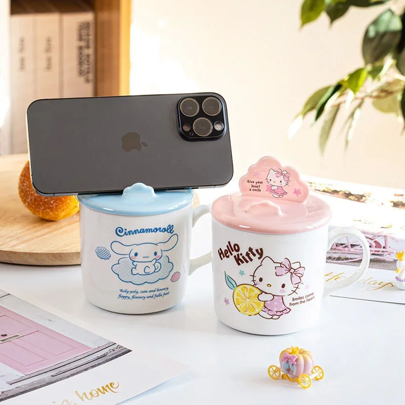 Sanrio Hello Kittys Cinnamoroll Kuromi Ceramics Mug Cute Sweet Milk Coffee Cartoon Phone Holder Home Water Cup Girl Toys Gifts