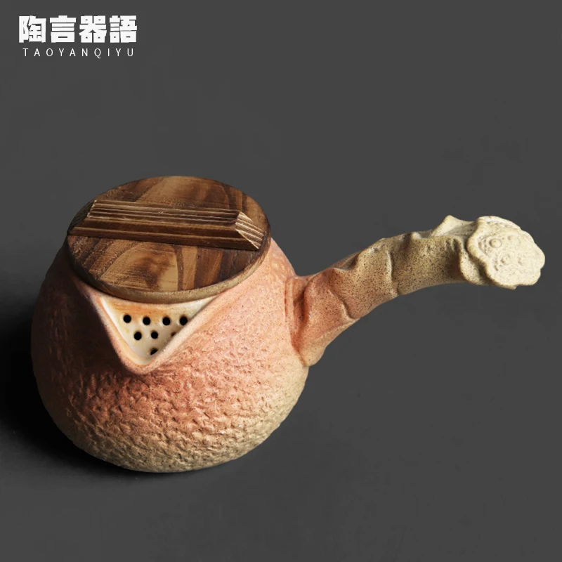 White earthenware clay with wooden lid and side handles to boil flower teapot charcoal electric stovetop burner kettle