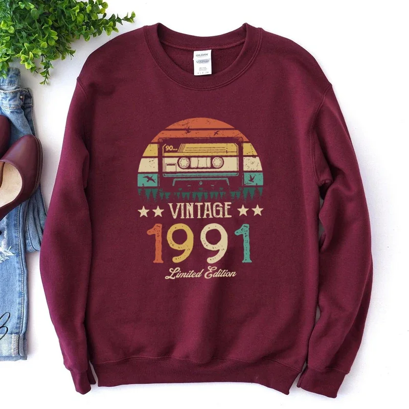 Original Design Vintage Magnetic Tape 1991 33rd 33 Years Old Women Sweatshirt Harajuku O Neck Birthday Party Clothes Jumper Top