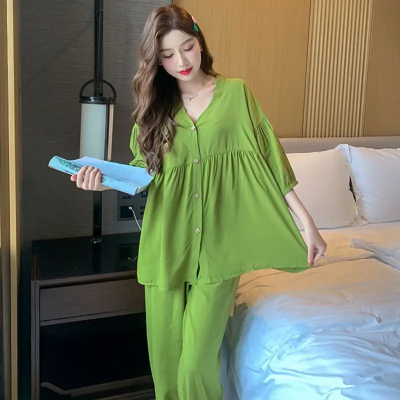 [100%] Spring Summer New Cotton Silk Pajamas for Women Fat Mm Large Size Pajamas Set Trousers Seven Points Sleeve Two-piece Set