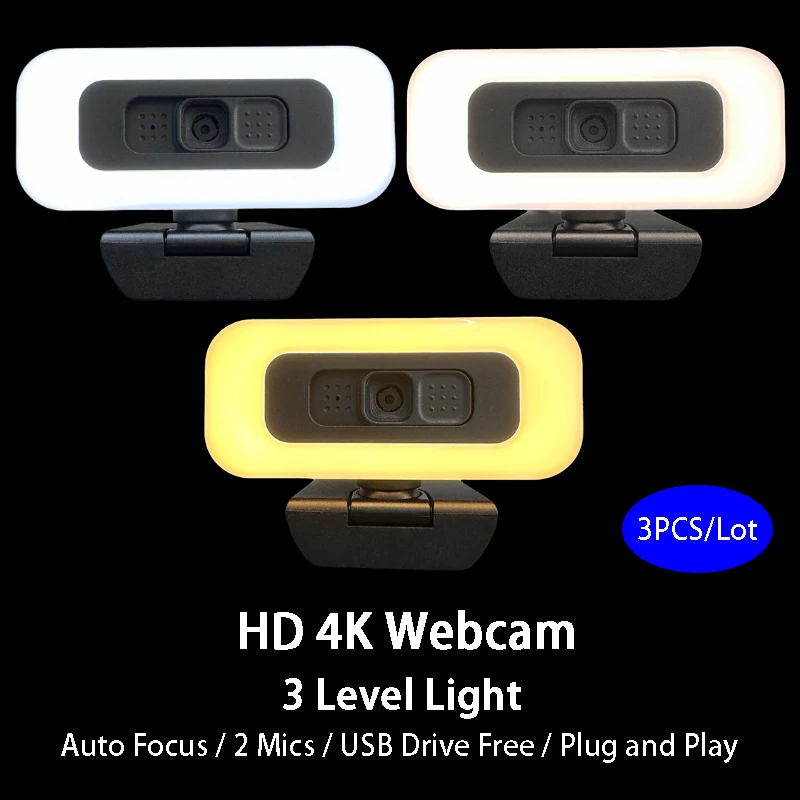 

3PCS 4K Webcam With Fill Light, Full HD 2K Autofocus USB Camera, PC Laptop Live Streaming Webcams With Microphone Live Broadcast