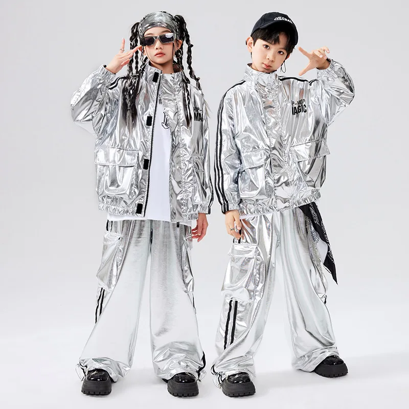 

Детская модная одежда для уличных танцев, свободный яркий кожаный костюм в стиле хип-хоп для мальчиков, джаз для выступлений для девочек
