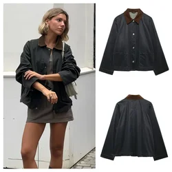 PB&ZA2024 Winter New Women's Clothing Style Simple Collar Pocket Decoration Corduroy Splicing Versatile Loose Coat