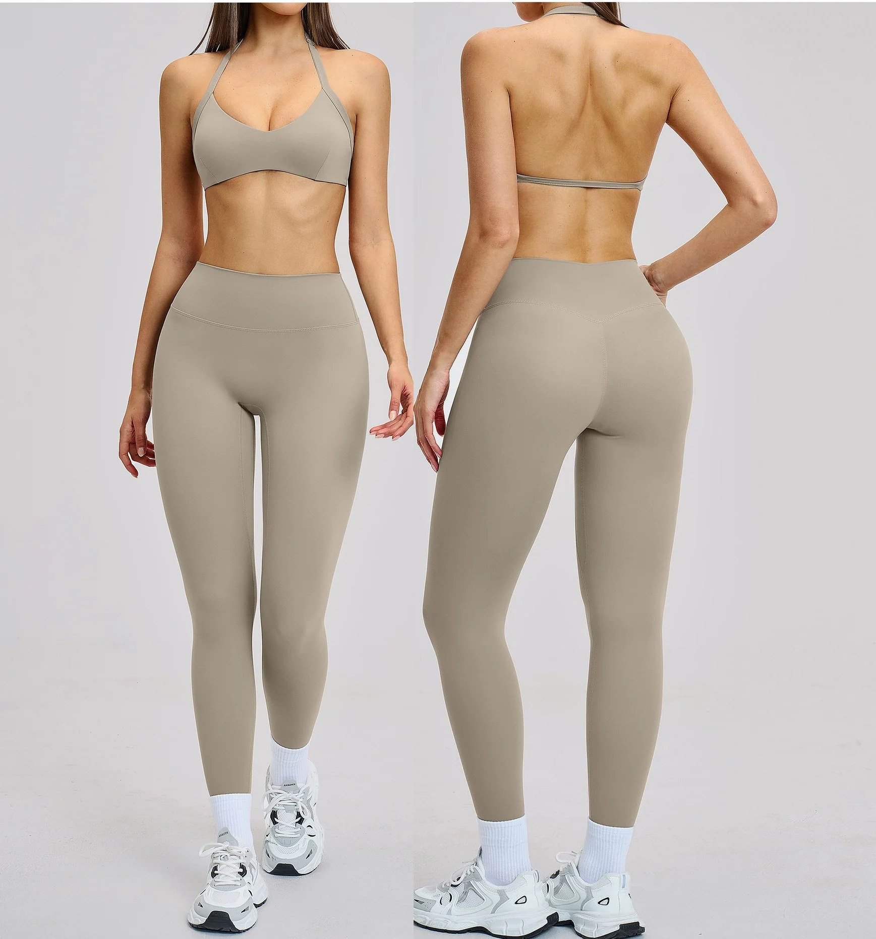 

Бесшовный комплект для йоги с эффектом второй кожи: женский спортивный бюстгальтер-халтер без спинки и леггинсы с высокой талией и контролем живота, нескользящие, 2 предмета, для фитнеса и активного отдыха