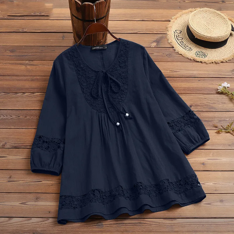 T-shirt temperamento da donna Primavera Autunno Cotone Canapa Splicing Hollow Lace Elegante girocollo Allentato T-shirt manica 3/4 Camicia