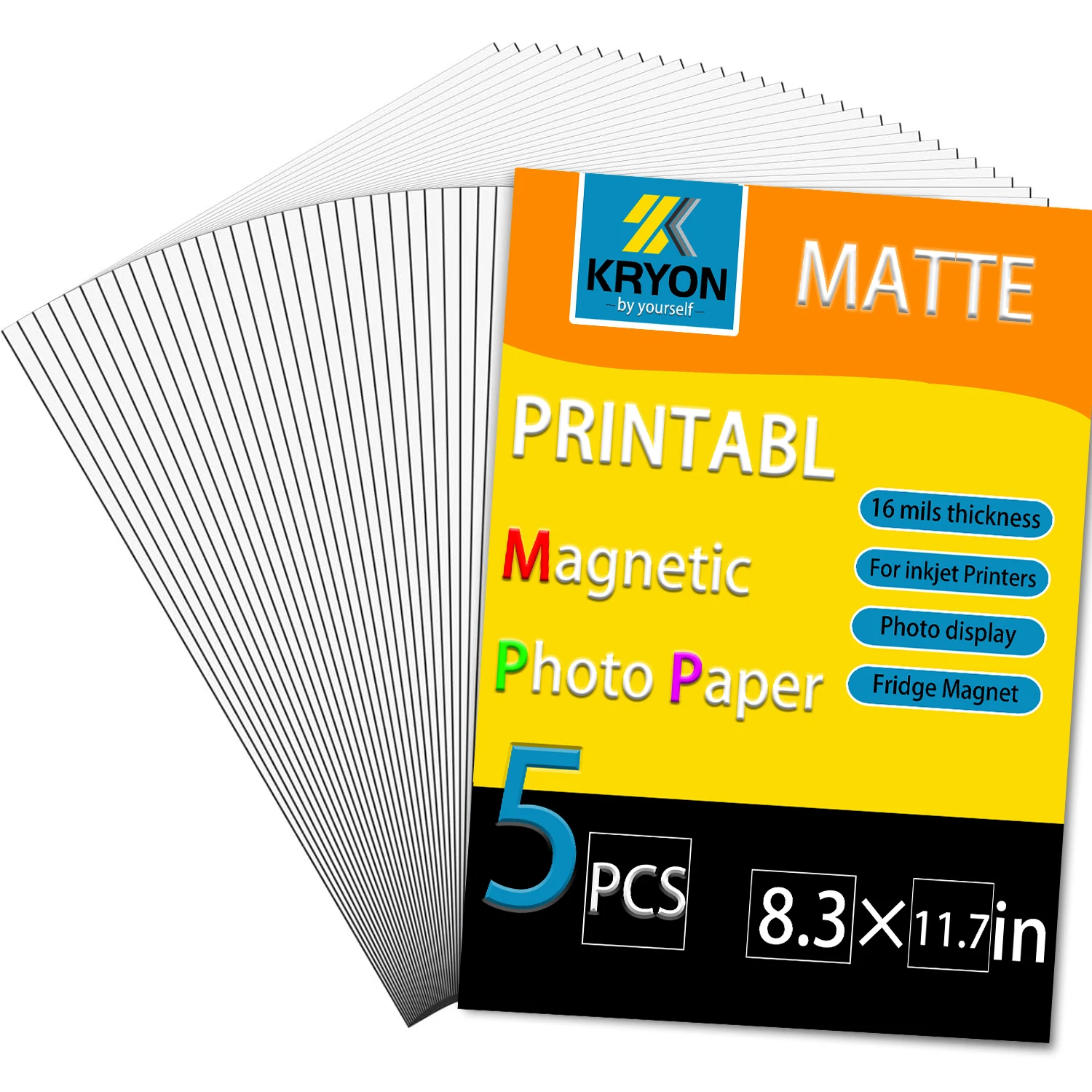 KRYON 프린터블 마그네틱 시트 8.3x11.7인치 잉크젯 프린터용, 5장, 무광, 16밀 두께, 비접착, DIY 사진 자석