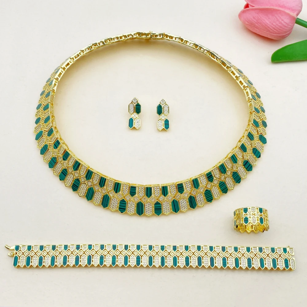 JRH Luxury Gold Plated Copper Zirconia Bridal Jewelry Set for Women Wedding Party Necklace Earrings Ring Bracelet Gift