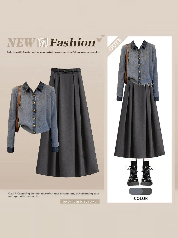 

Spring College Sle Vintage Loose Patchwork Denim Knitted Top High Waist Slimming ey Pleated Skirt Two-Piece Set Women's F...