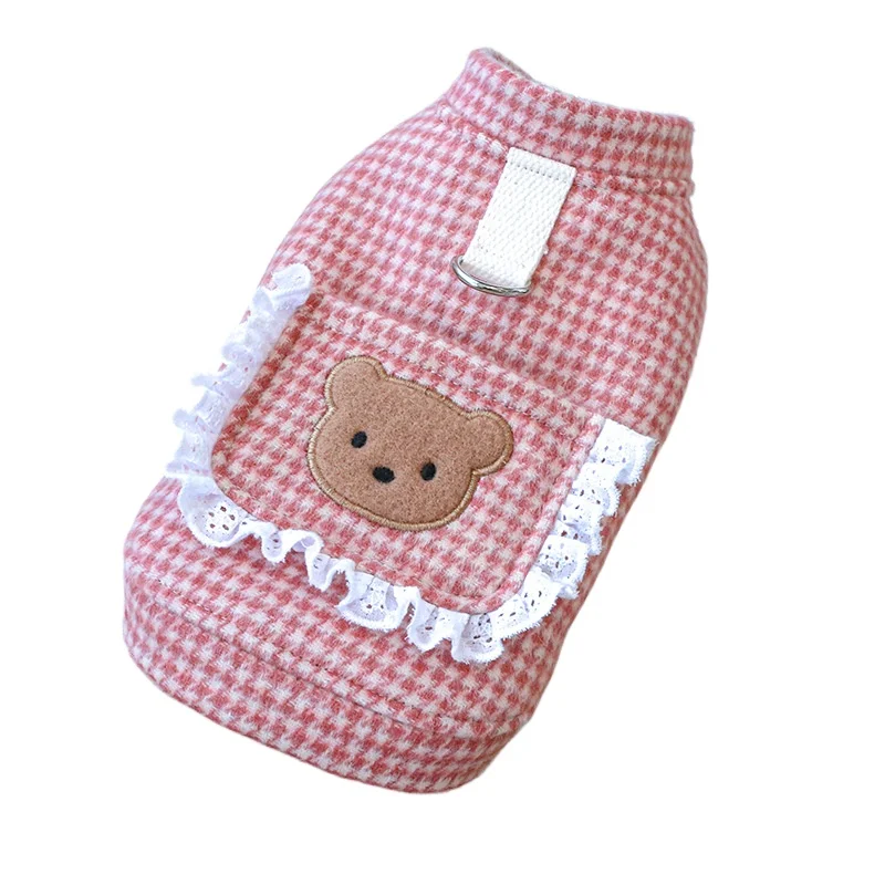 Pet Clothes, Dog and Cat Clothing, Warm and Cold in Autumn and Winter, Cute Plaid Powder Bear Lovers Clothes.