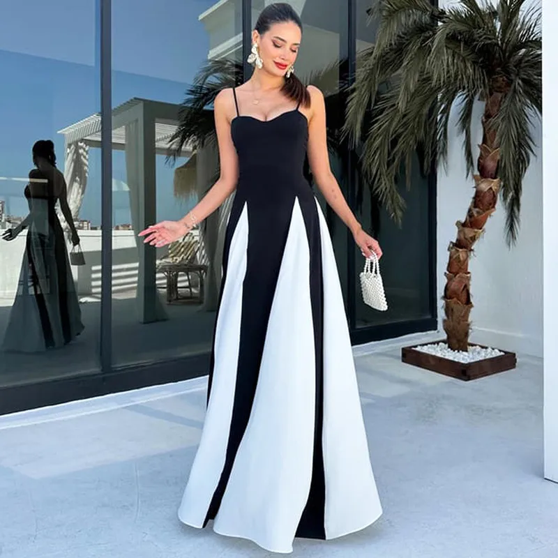 

2024 Autumn Elegant Patchwork Contrast Colors Strapless Long Dress Women Slash Neck Backless Sleeveless Casual Street Party Robe