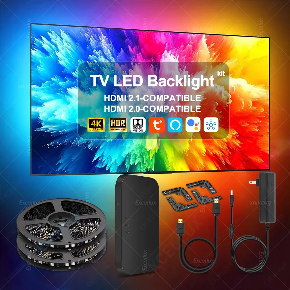 Kit de bande lumineuse LED ambiante intelligente avec HDMI, lampe d\'éclairage polarisé TV, RVB, WiFi, Alexa, commande vocale, 2.1, 2.0 divibox