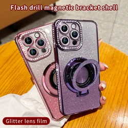 For iPhone 15 14 Plus 13 12 11 Pro Max Phone Case, Flash Powder Gradient Rhinestone Electroplating Bracket Cover