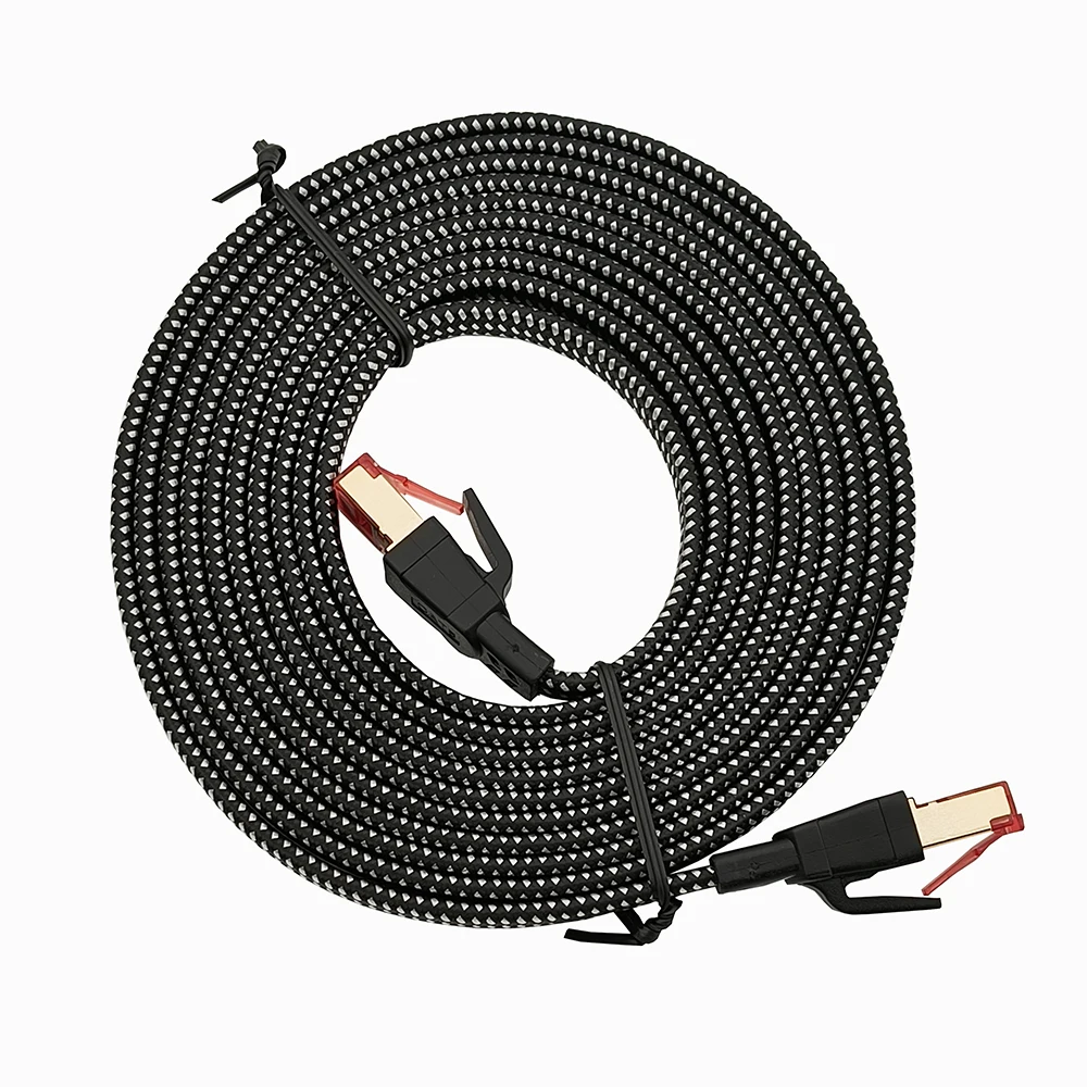 Kabel RJ45 CAT8 1M/2M/3M, patch cord SFTP, kabel jaringan flat wire braided 40G
