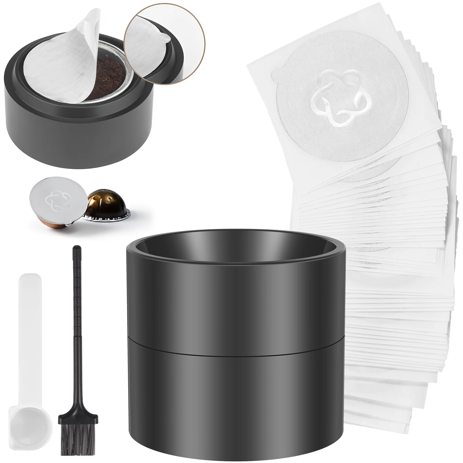 Aluminum Foil Seal Lids Set with Reusable Coffee Pods Holder Spoon Brush 58mm Portable Coffee Pods Foil Cover Cafe Accessories