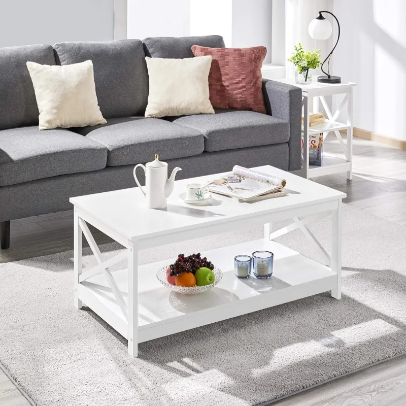 Wood 2-Tier White Coffee Table with Storage Shelf for Living Room, X Design Accent Cocktail Desk, Simple Home Furniture