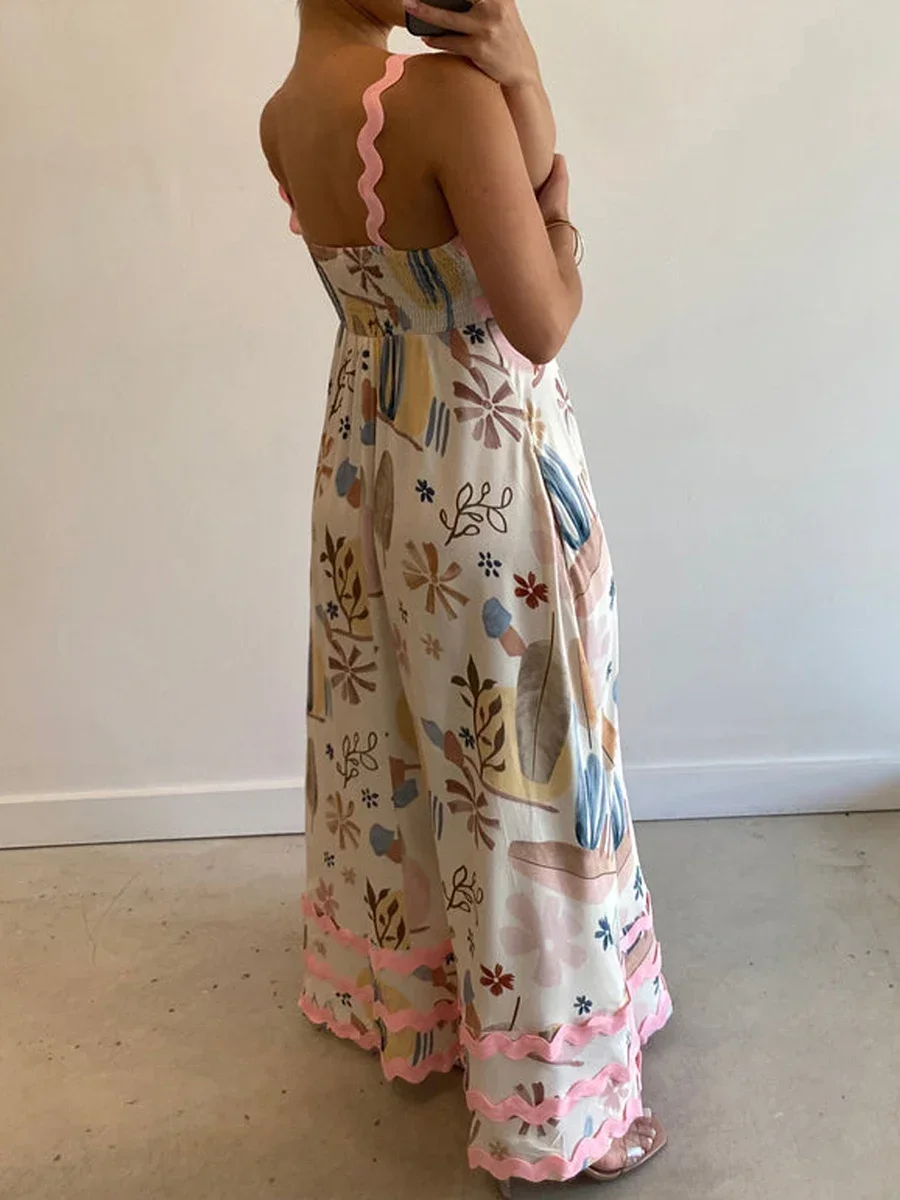 Robe longue à imprimé vintage pour femmes, style Boho, dos nu, fluide, smockée, trapèze, mi-longue, été 2024