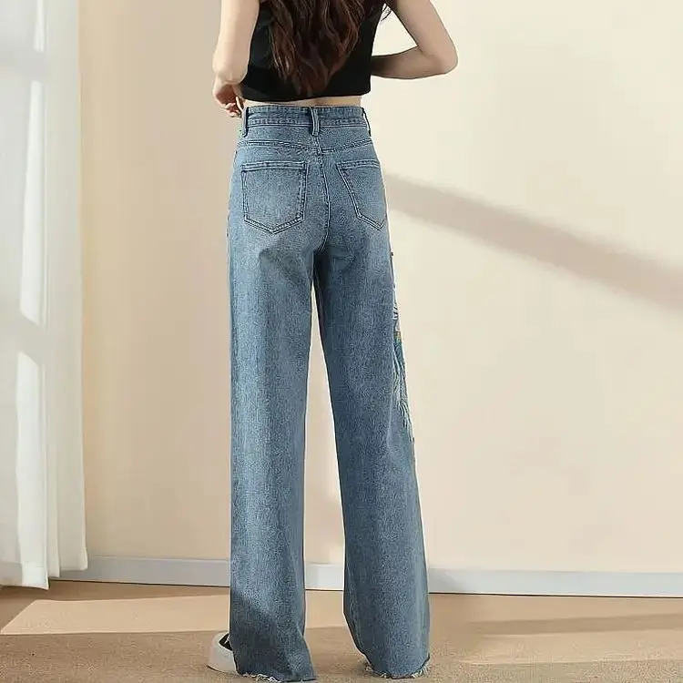 Jeans Phoenix Embroidery Chic Women Straight Leg Trousers Pearl Embellishment Women Graphic With Print Denim Summer Korean Style